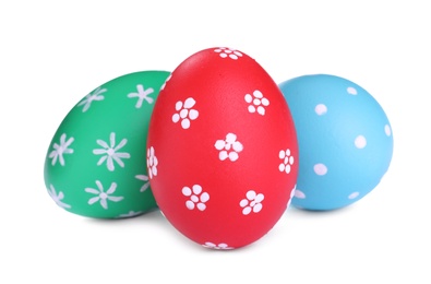 Photo of Colorful eggs on white background. Happy Easter