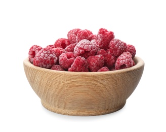 Photo of Tasty frozen raspberries in wooden bowl isolated on white