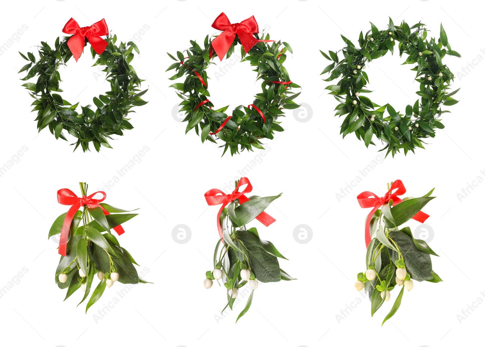 Image of Set with mistletoe bunches and wreaths on white background. Traditional Christmas decor