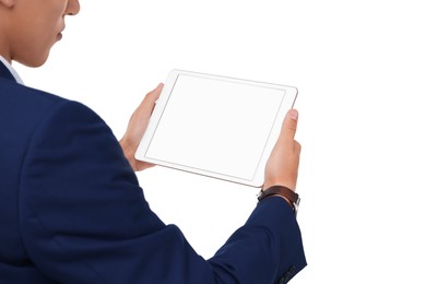 Man holding tablet with blank screen on white background, closeup. Mockup for design