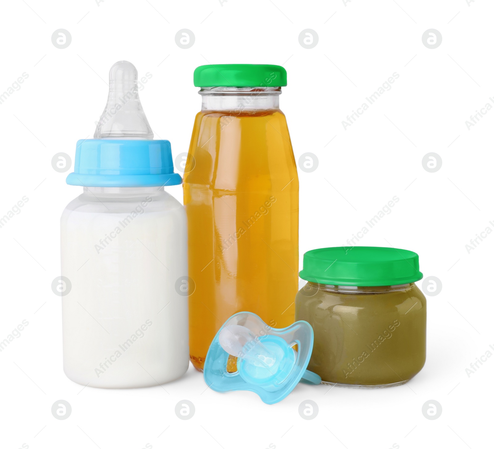 Photo of Healthy baby food, bottles with milk, juice and pacifier on light grey background