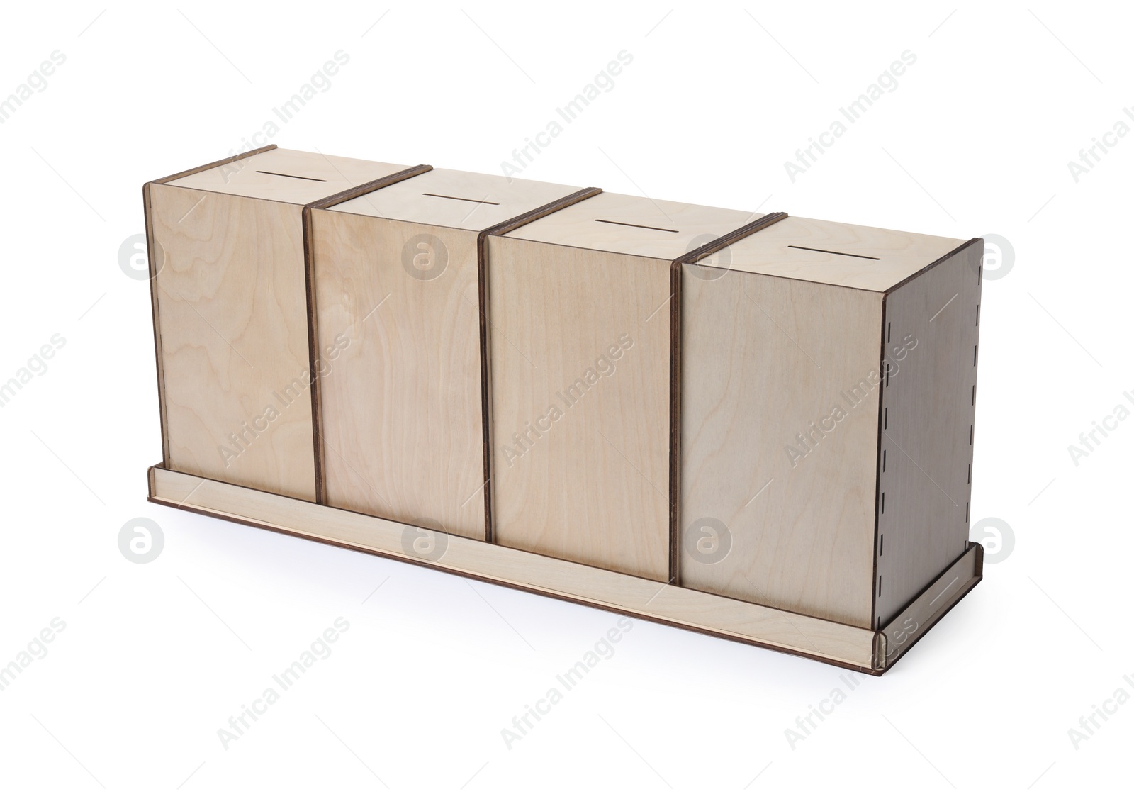 Photo of Wooden ballot boxes isolated on white. Election time