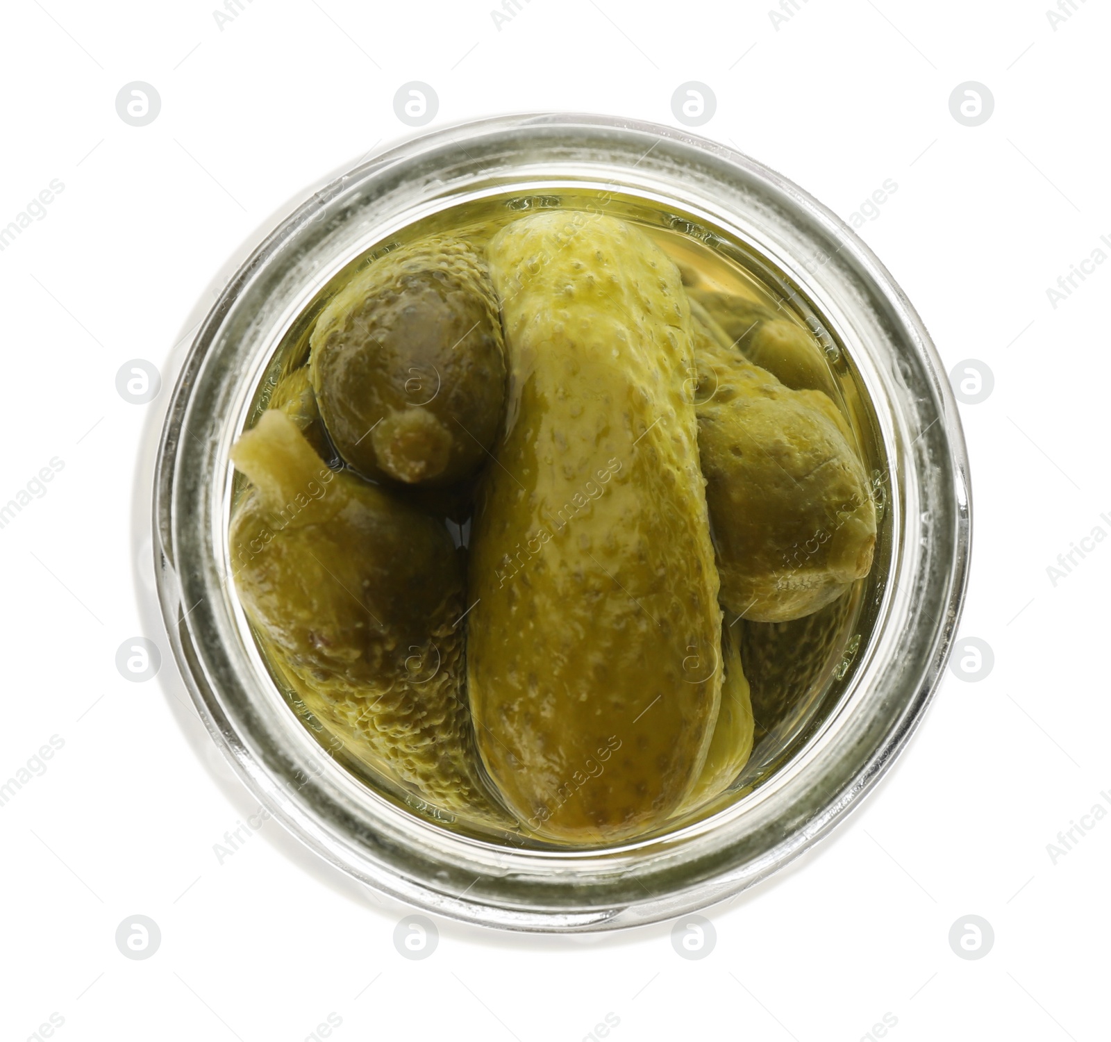 Photo of Jar of pickled cucumbers isolated on white, top view