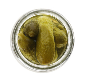 Photo of Jar of pickled cucumbers isolated on white, top view