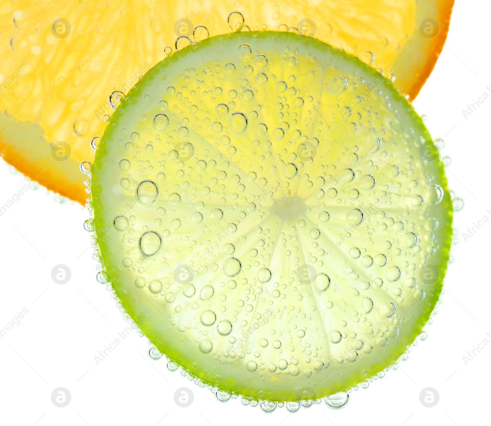 Photo of Slices of citrus fruits in sparkling water on white background, closeup