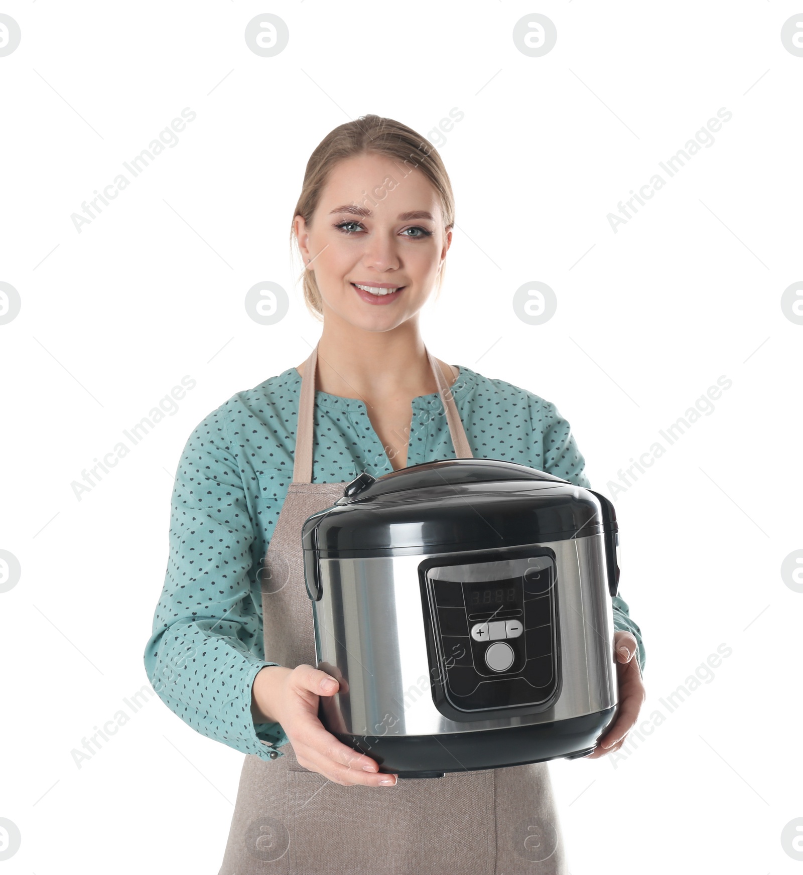 Photo of Portrait of young woman with modern multi cooker on white background