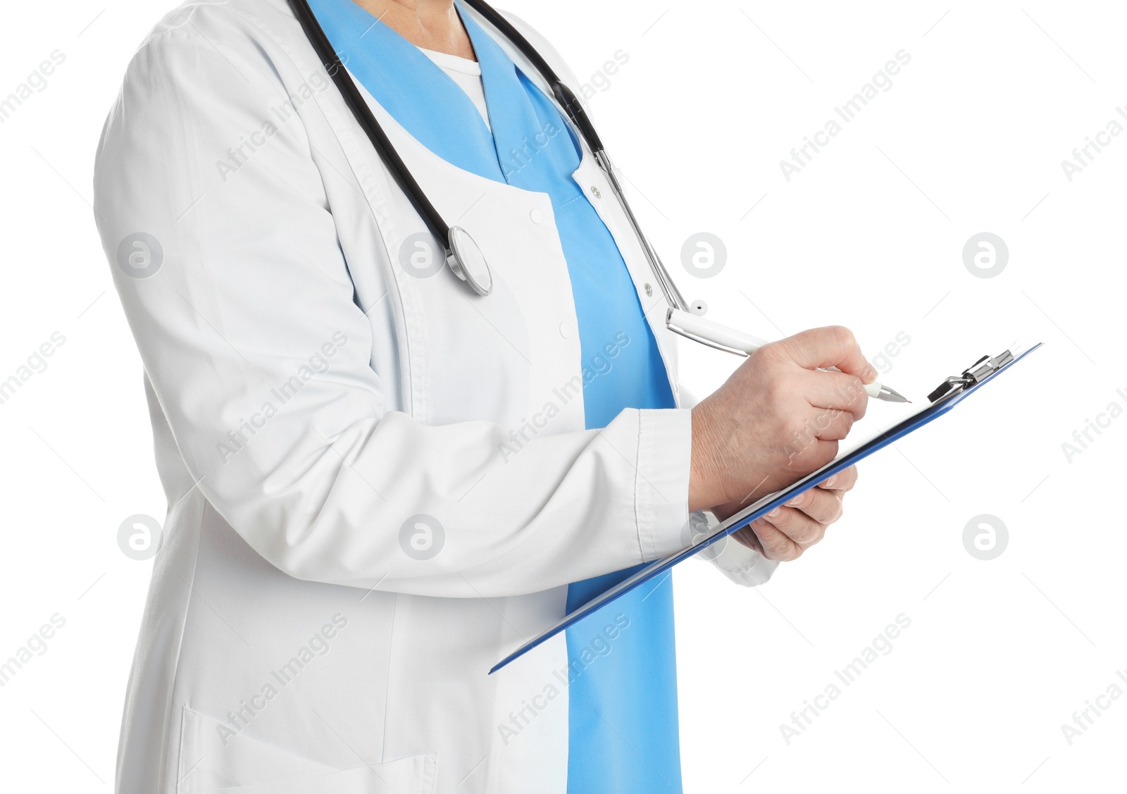 Photo of Mature doctor with clipboard on white background, closeup