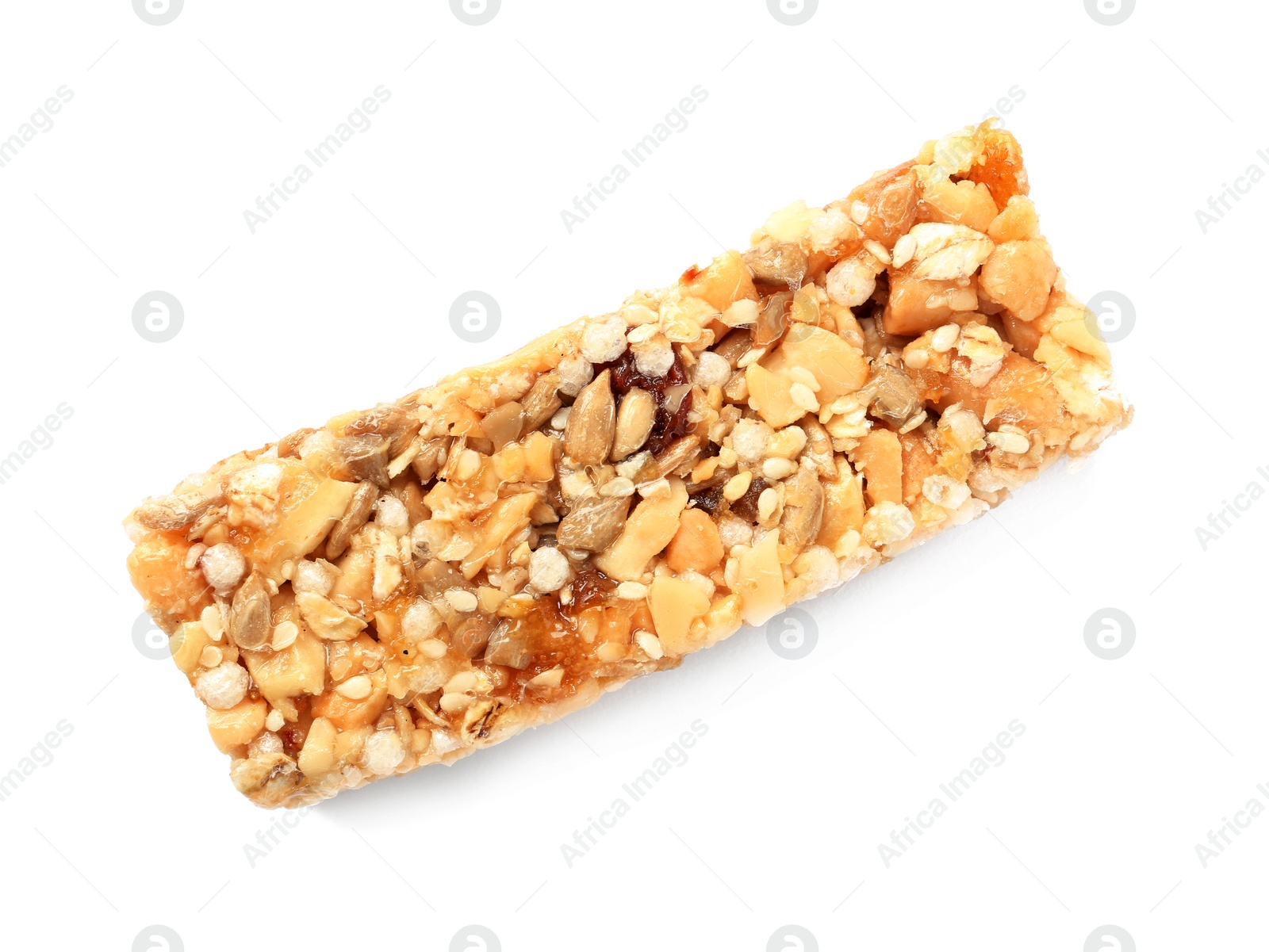 Photo of Grain cereal bar on white background. Healthy snack