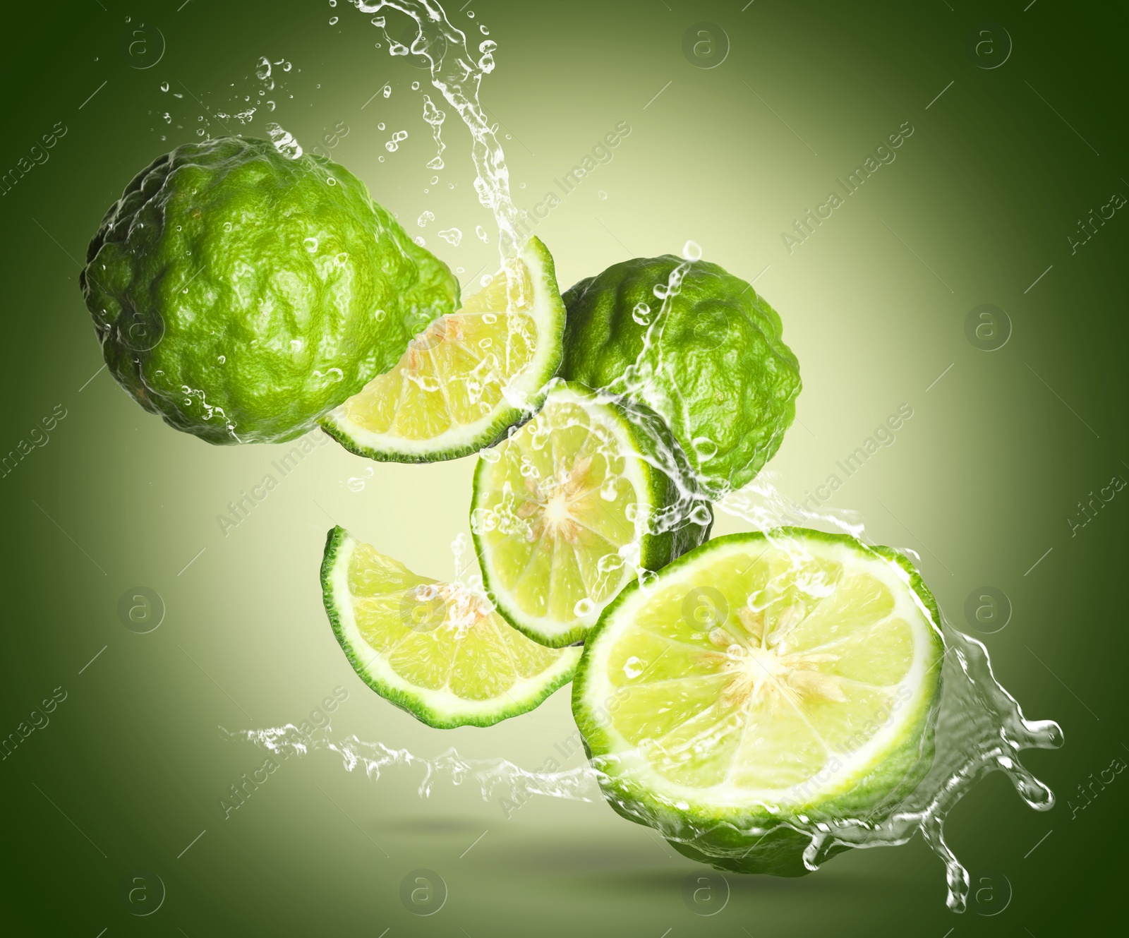 Image of Fresh ripe bergamot fruits and splashing water on color background