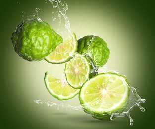 Fresh ripe bergamot fruits and splashing water on color background