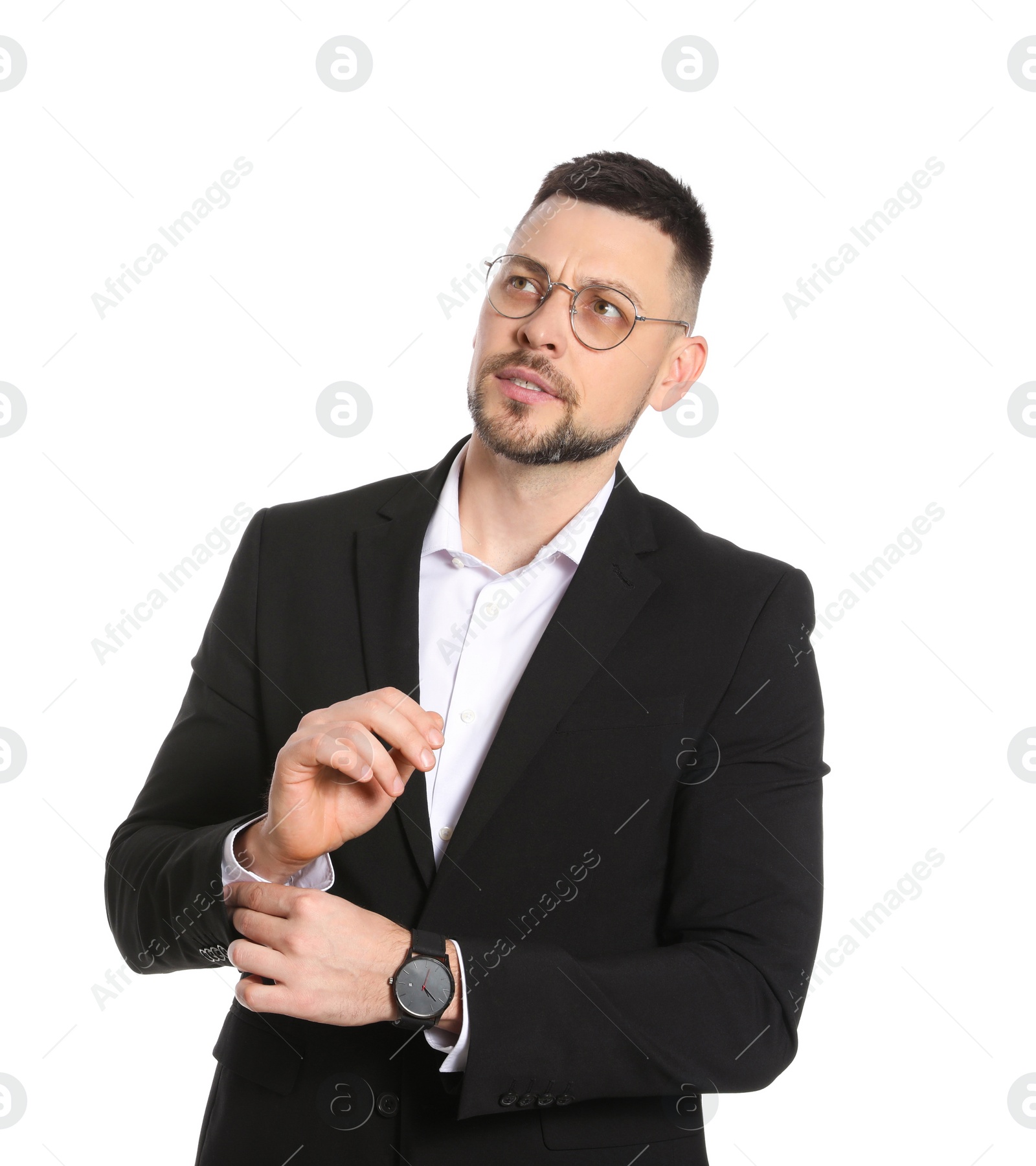 Photo of Confident businessman in glasses on white background