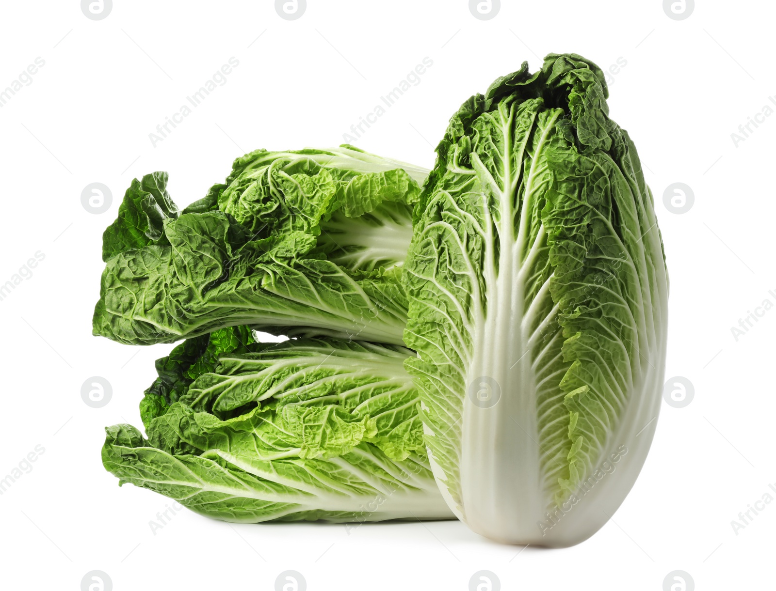 Photo of Fresh tasty Chinese cabbages on white background