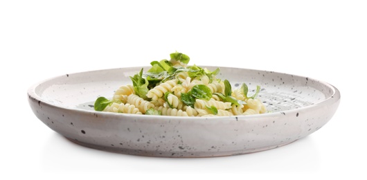 Photo of Tasty pasta salad with fresh herbs  on white background