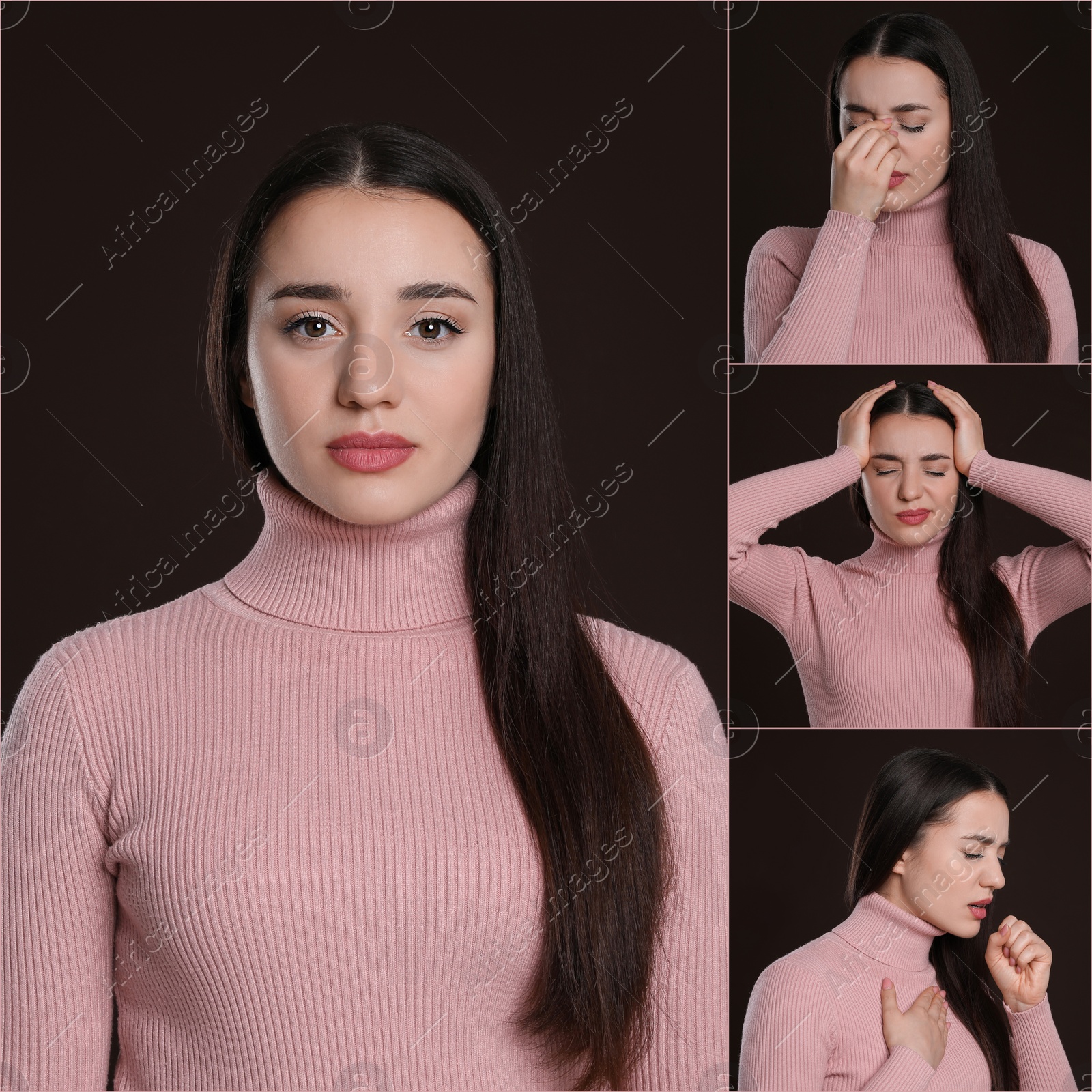 Image of Collage with photos of woman with cold symptoms on brown background