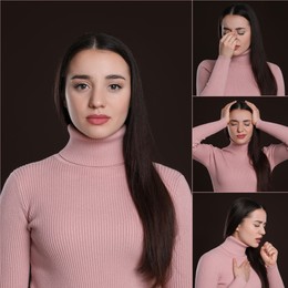 Collage with photos of woman with cold symptoms on brown background