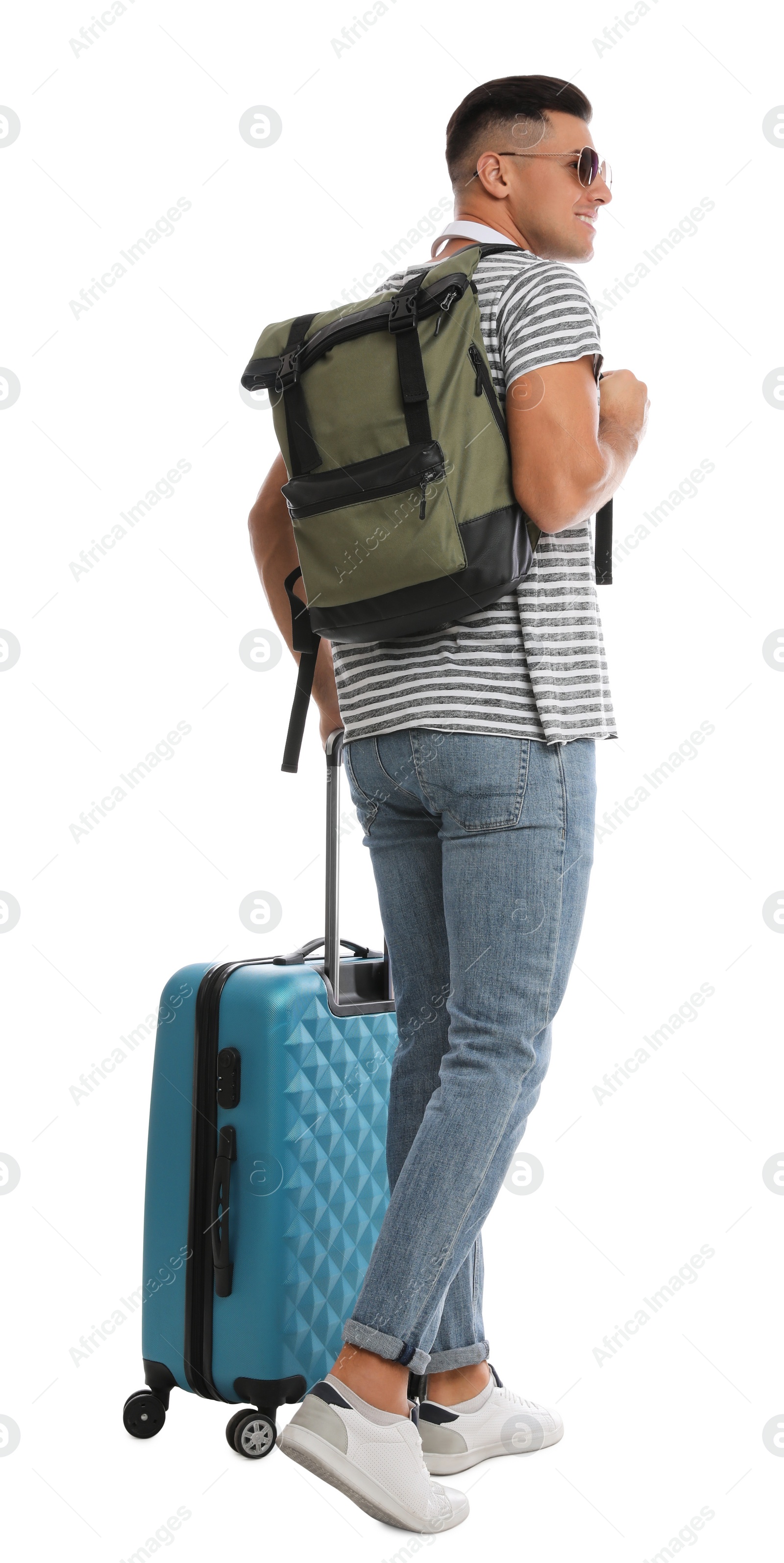 Photo of Man with backpack and suitcase on white background, back view. Summer travel