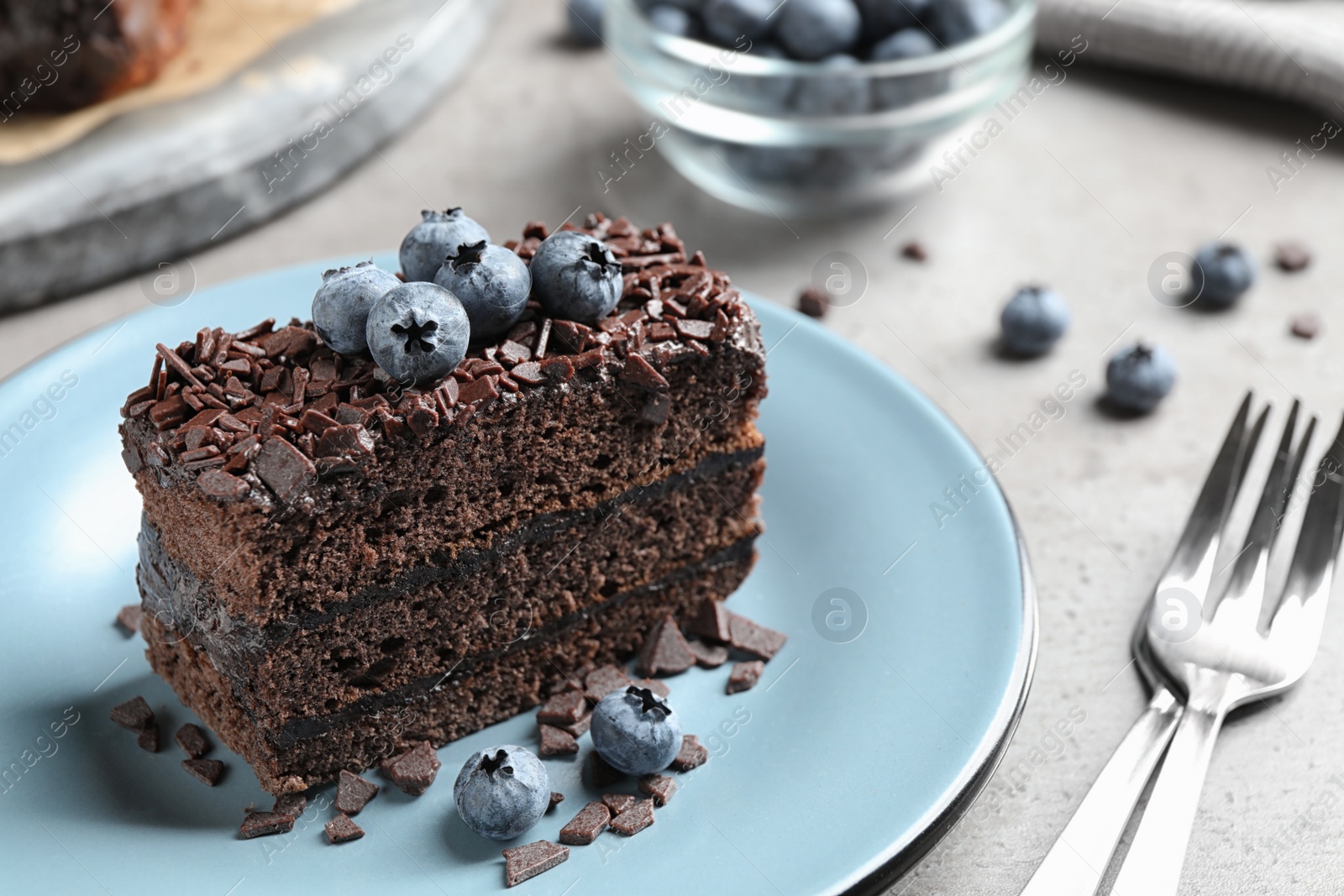 Photo of Delicious fresh chocolate cake with blueberries on light table, closeup