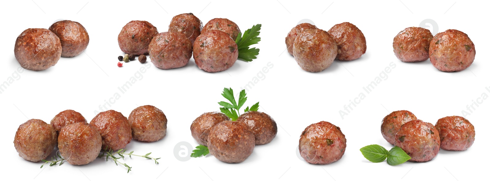 Image of Set with tasty cooked meatballs on white background. Banner design