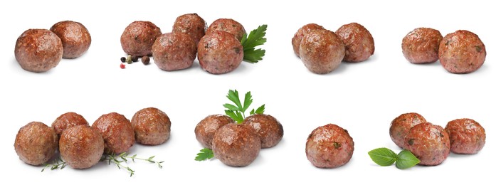 Image of Set with tasty cooked meatballs on white background. Banner design