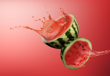 Image of Watermelon with splashing juice on red gradient background
