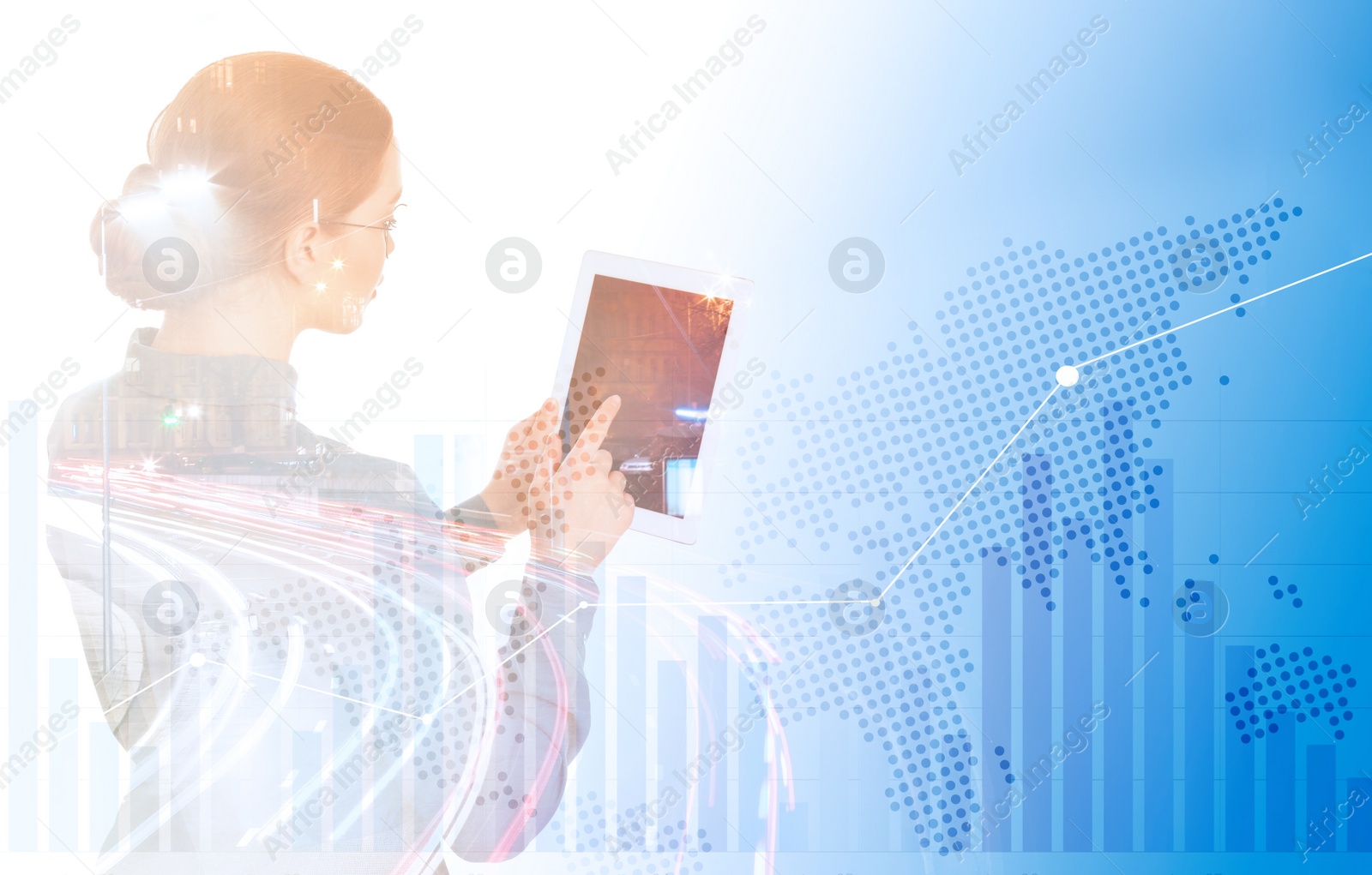 Image of Double exposure of businesswoman with tablet and cityscape. Forex trading