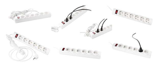 Image of Collage with different power strip on white background, different sides