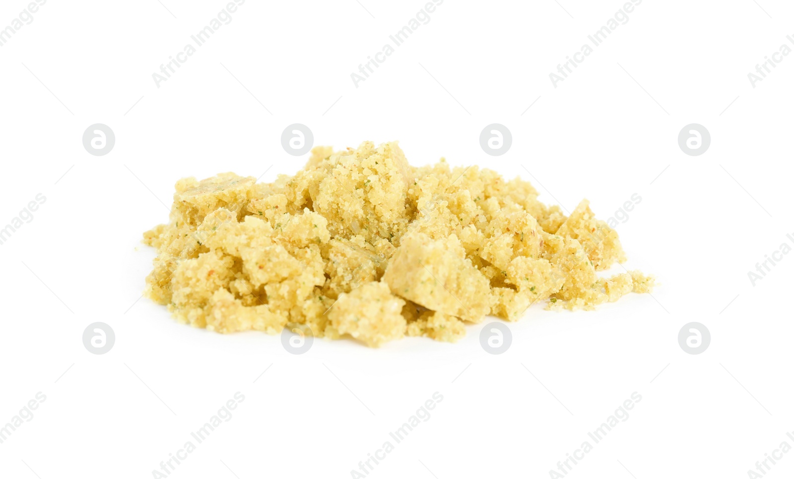 Photo of Aromatic crumbled bouillon cube on white background