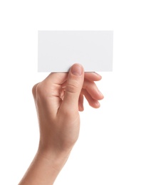 Woman holding empty business card isolated on white, closeup