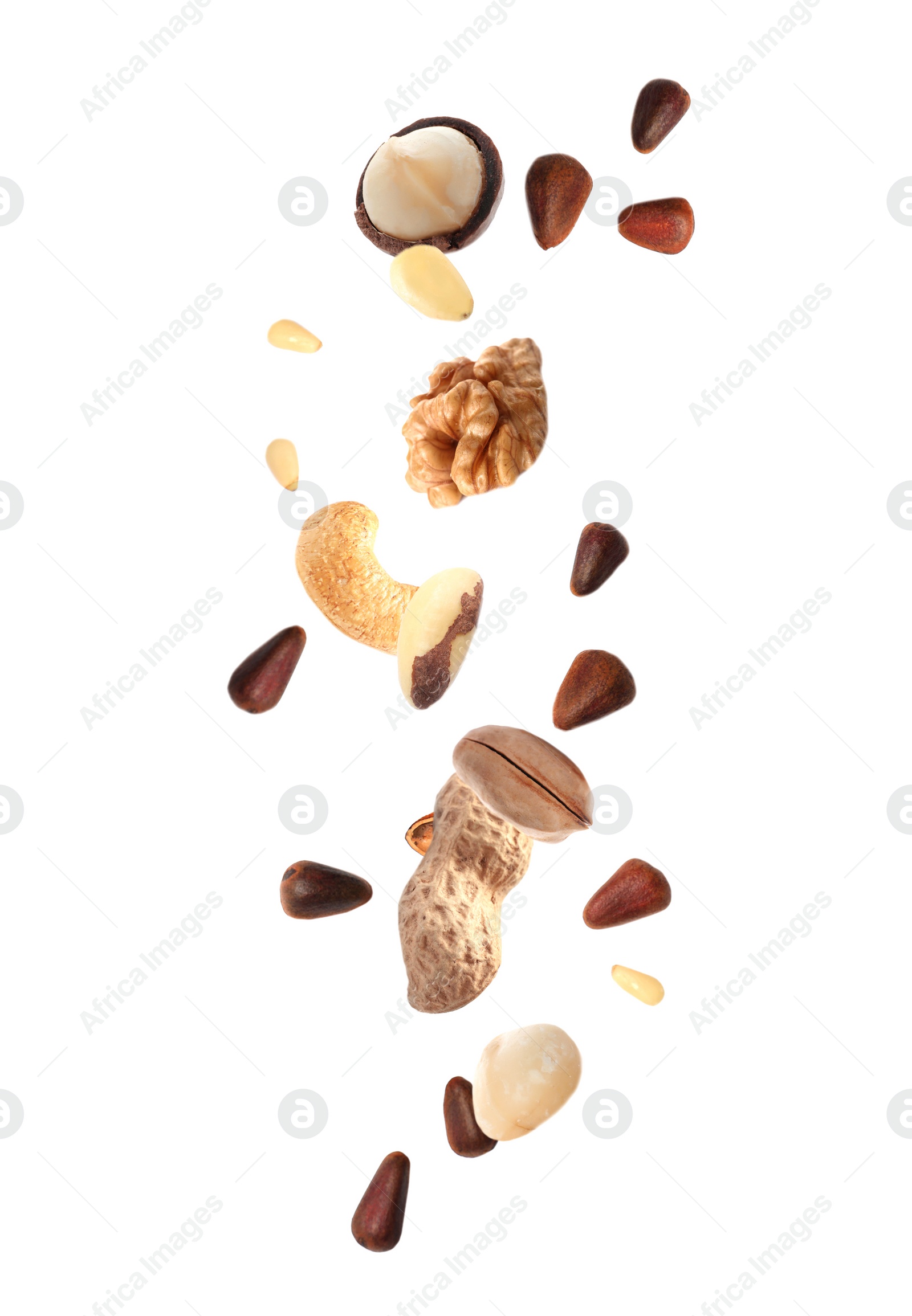 Image of Different nuts falling on white background 