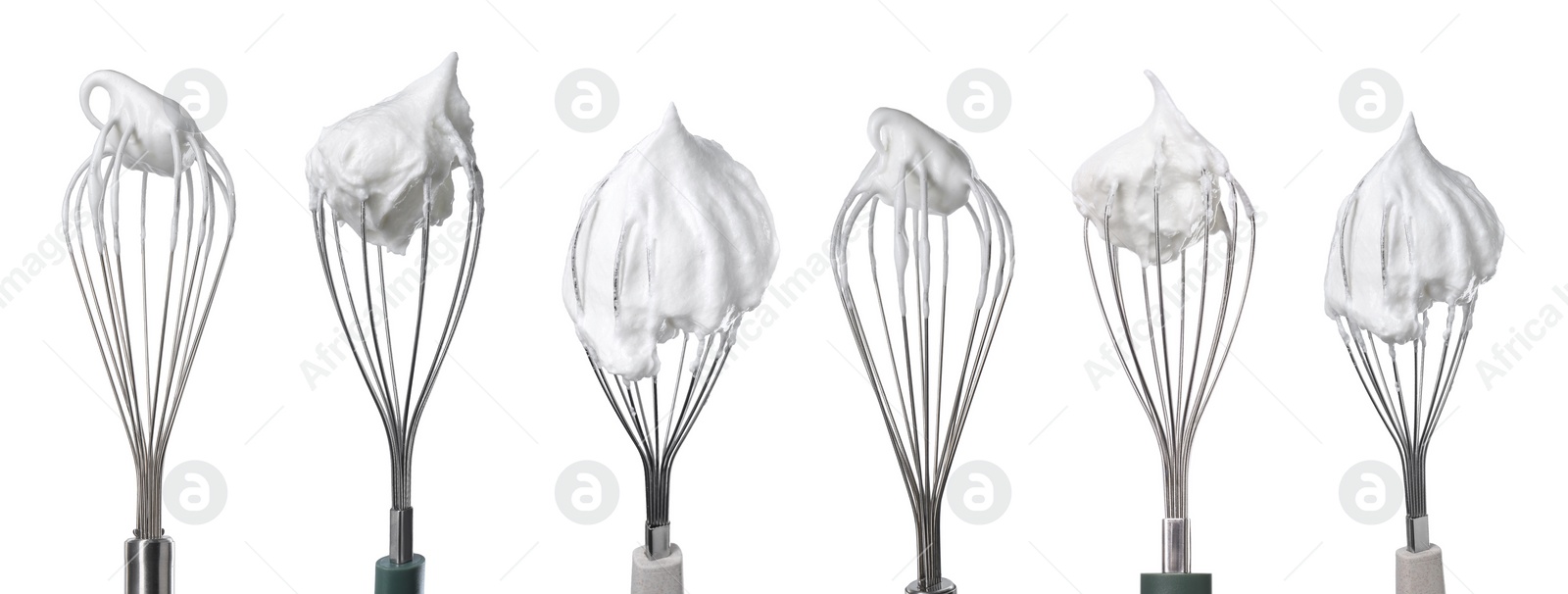 Image of Many different whisks with cream isolated on white, collection