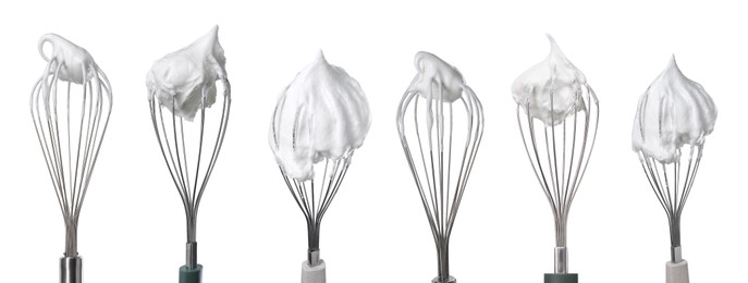 Image of Many different whisks with cream isolated on white, collection