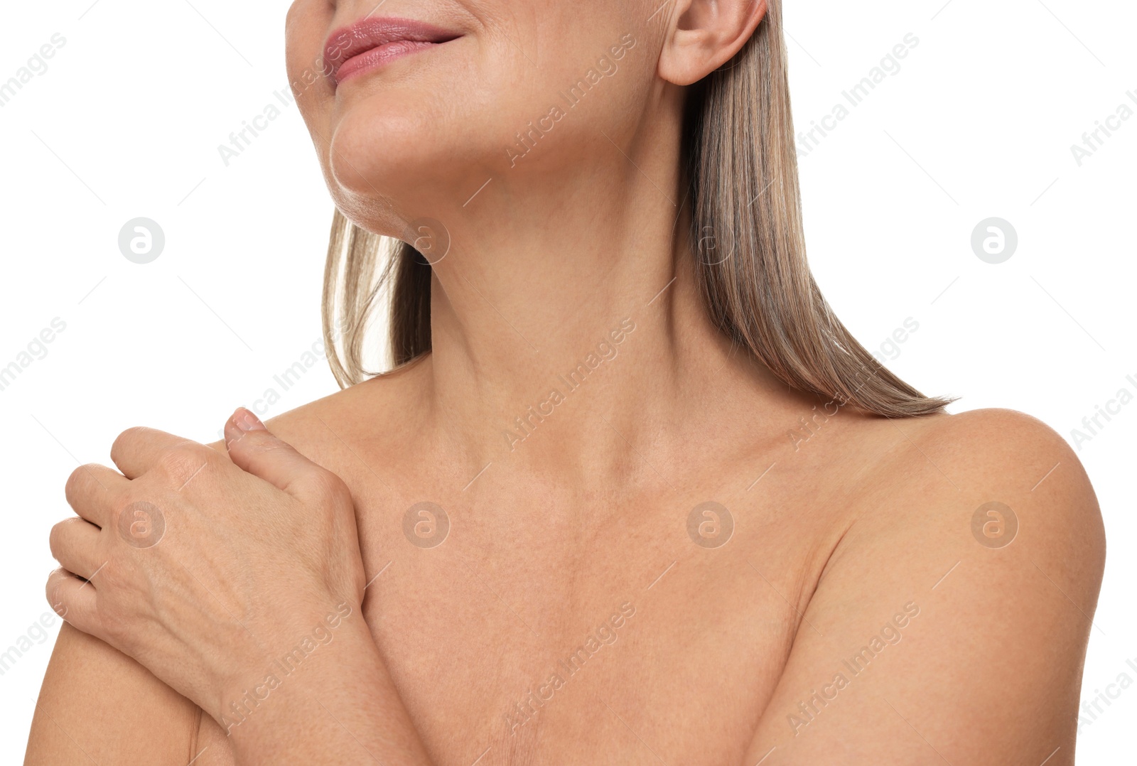 Photo of Mature woman with healthy skin on white background, closeup