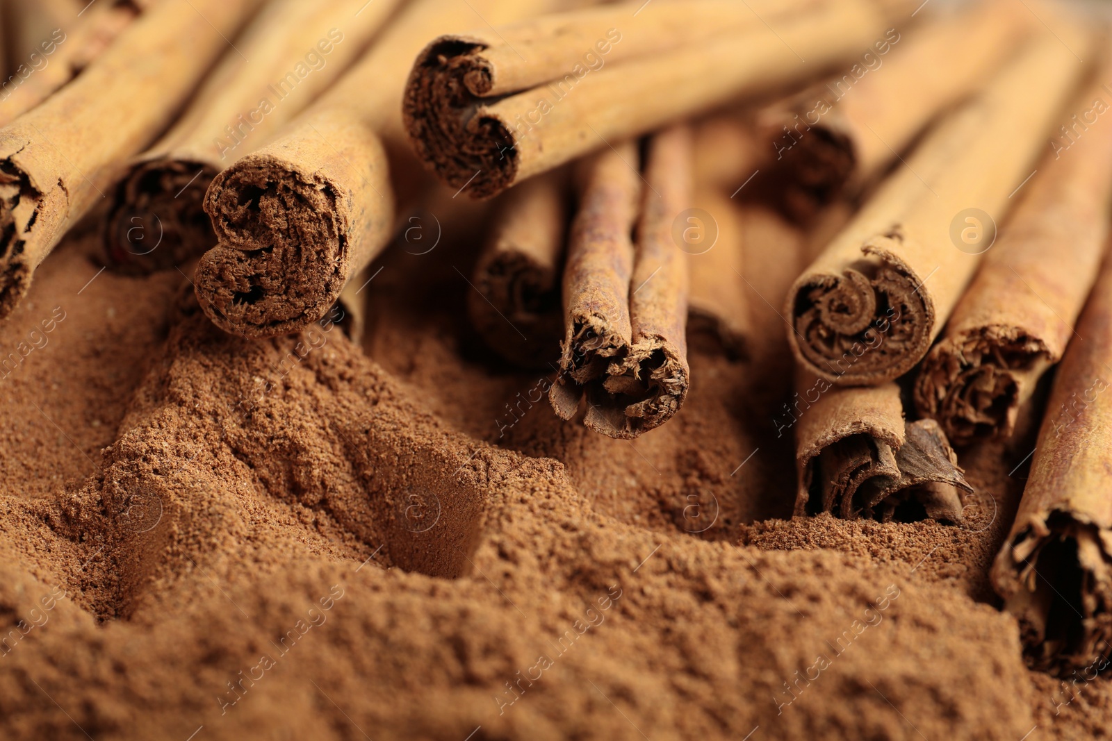 Photo of Aromatic cinnamon sticks on powder, closeup view