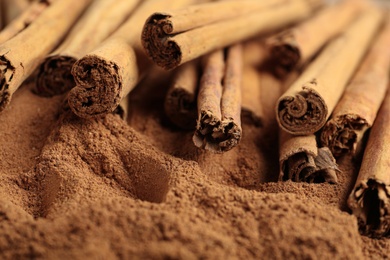 Photo of Aromatic cinnamon sticks on powder, closeup view