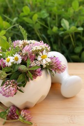 Ceramic mortar with pestle, different wildflowers and herbs on green grass outdoors