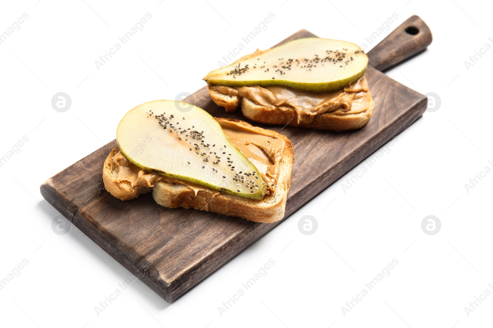 Photo of Toasts with pear slices, peanut butter and chia seeds on wooden board, white background