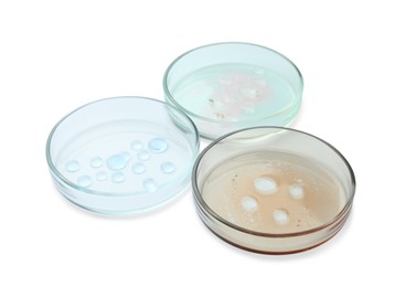 Photo of Petri dishes with color liquids on white background