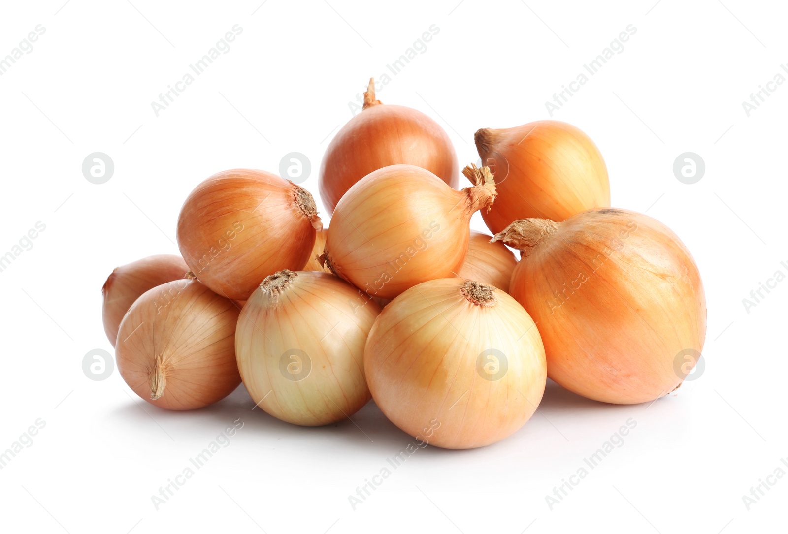 Photo of Fresh ripe onion bulbs on white background