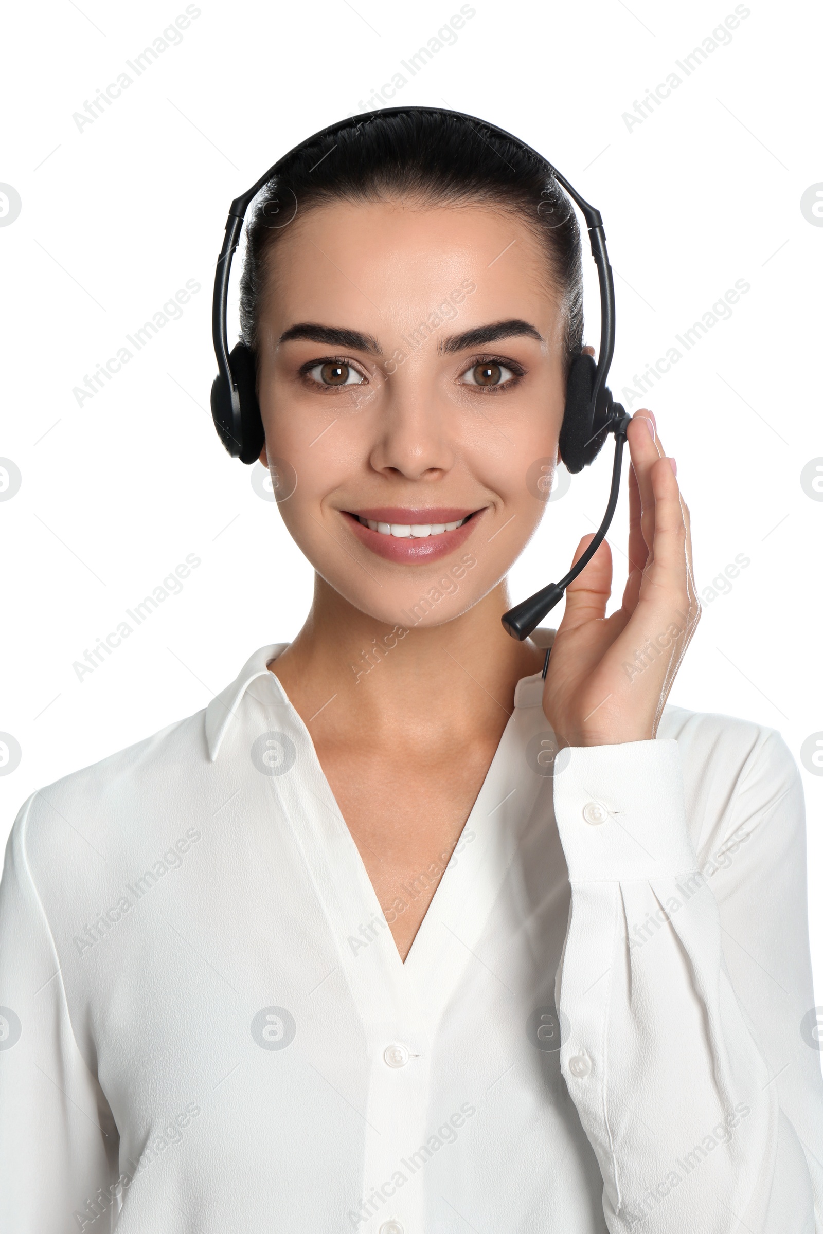 Photo of Beautiful young consulting manager with headset on white background