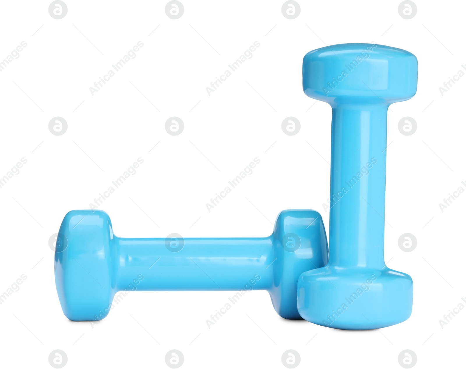 Photo of Light blue dumbbells isolated on white. Sports equipment