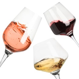 Image of Different types of wine splashing in glasses on white background