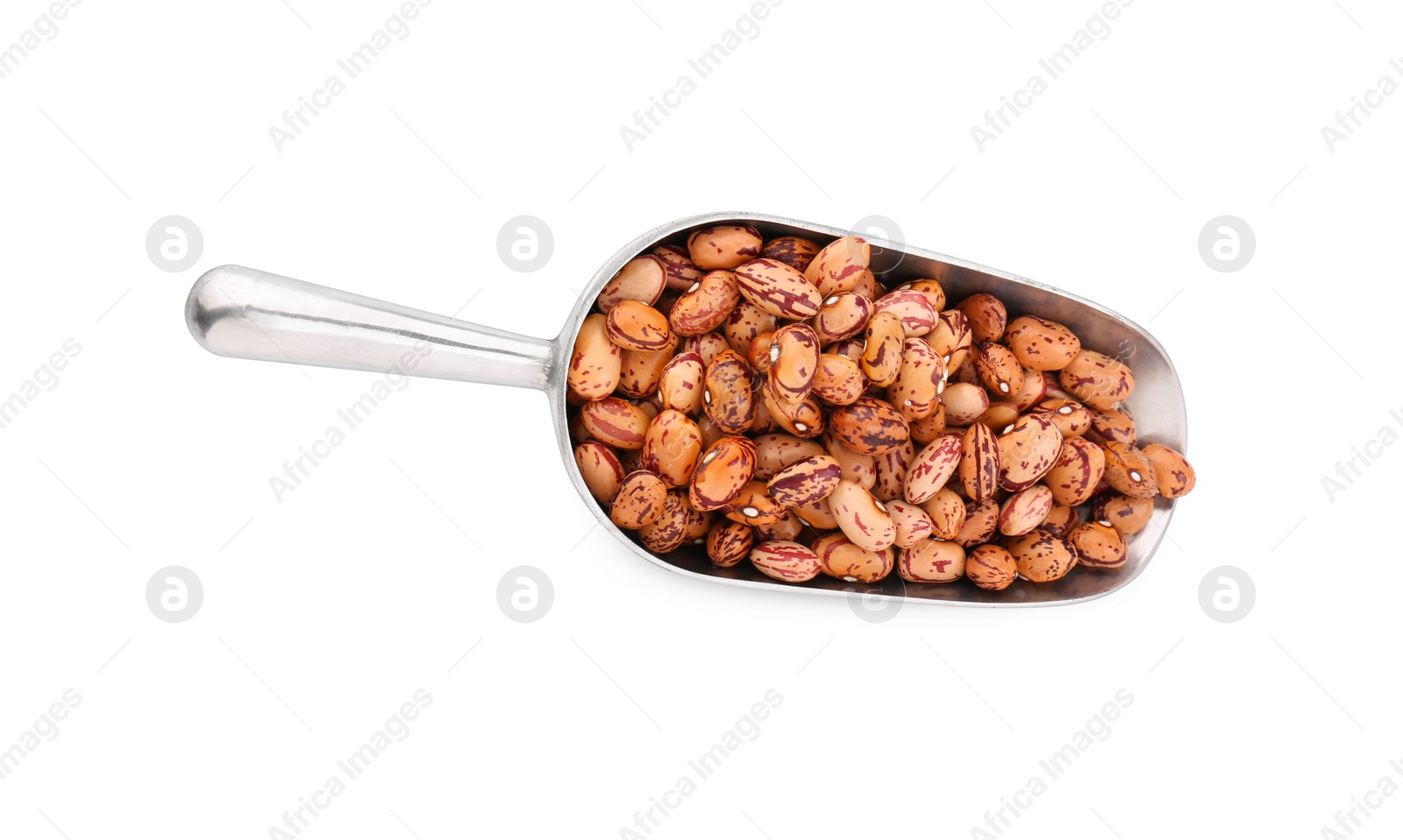 Photo of Metal scoop with dry kidney beans isolated on white, top view