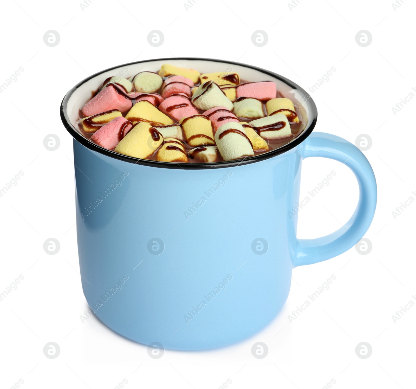 Photo of Cup of delicious hot chocolate with marshmallows isolated on white