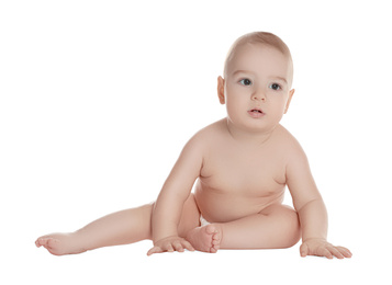 Photo of Cute healthy little baby on white background