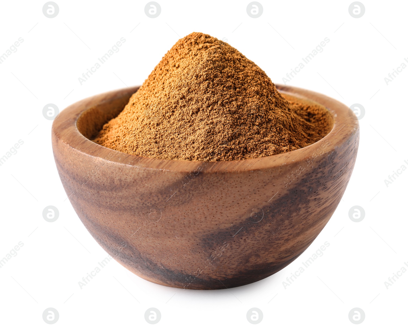 Photo of Dry aromatic cinnamon powder in wooden bowl isolated on white