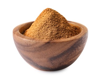 Photo of Dry aromatic cinnamon powder in wooden bowl isolated on white