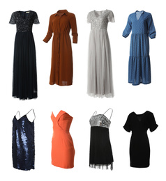 Image of Set of different stylish dresses on white background