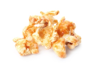 Delicious caramel popcorn on white background, closeup