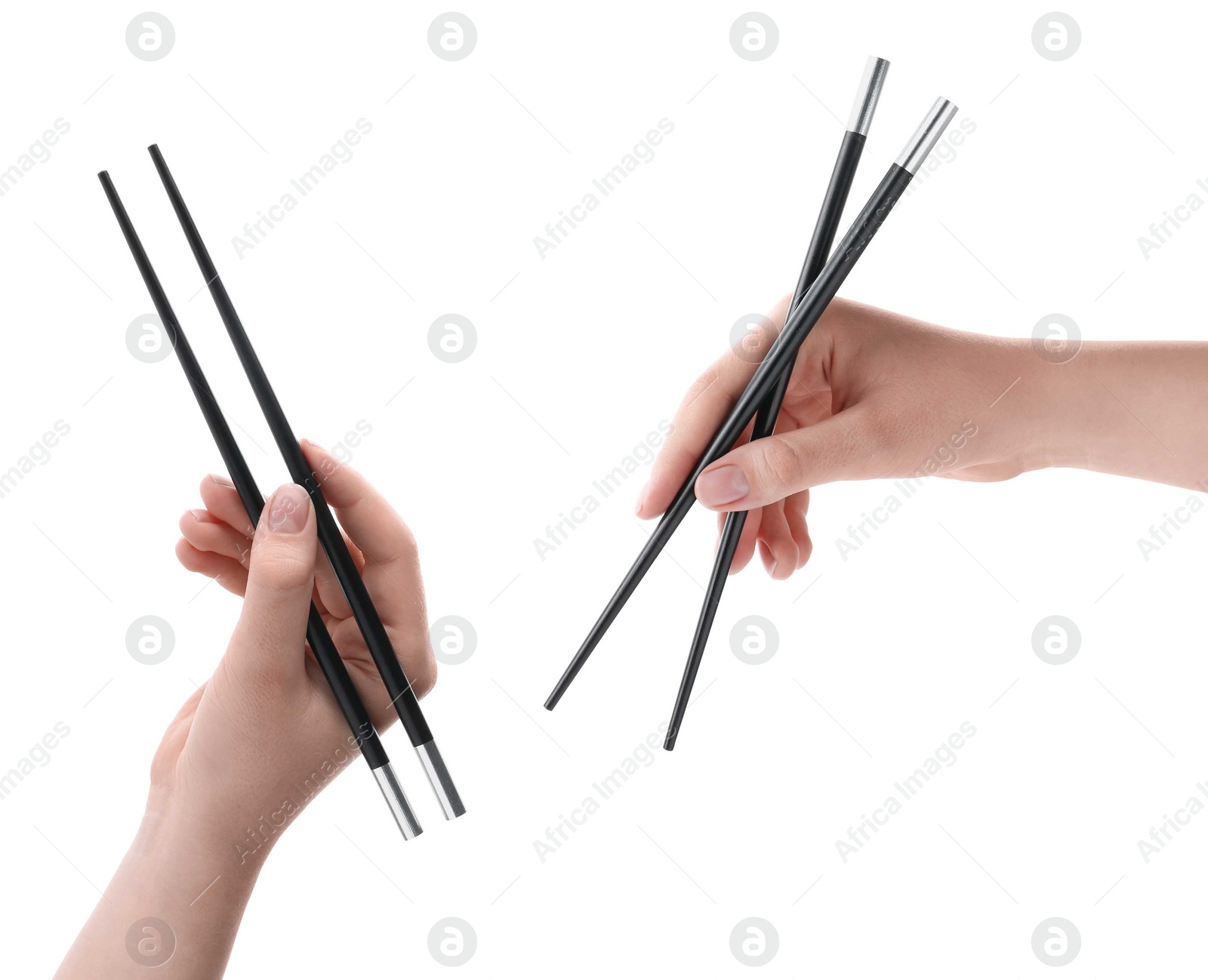 Image of Woman holding chopsticks isolated on white, closeup. Collage with photos