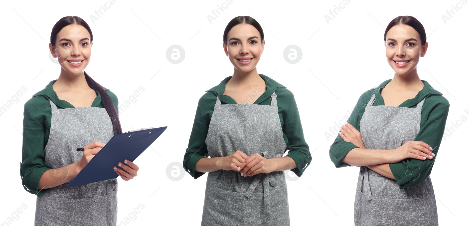 Image of Collage with photos of woman in apron on white background